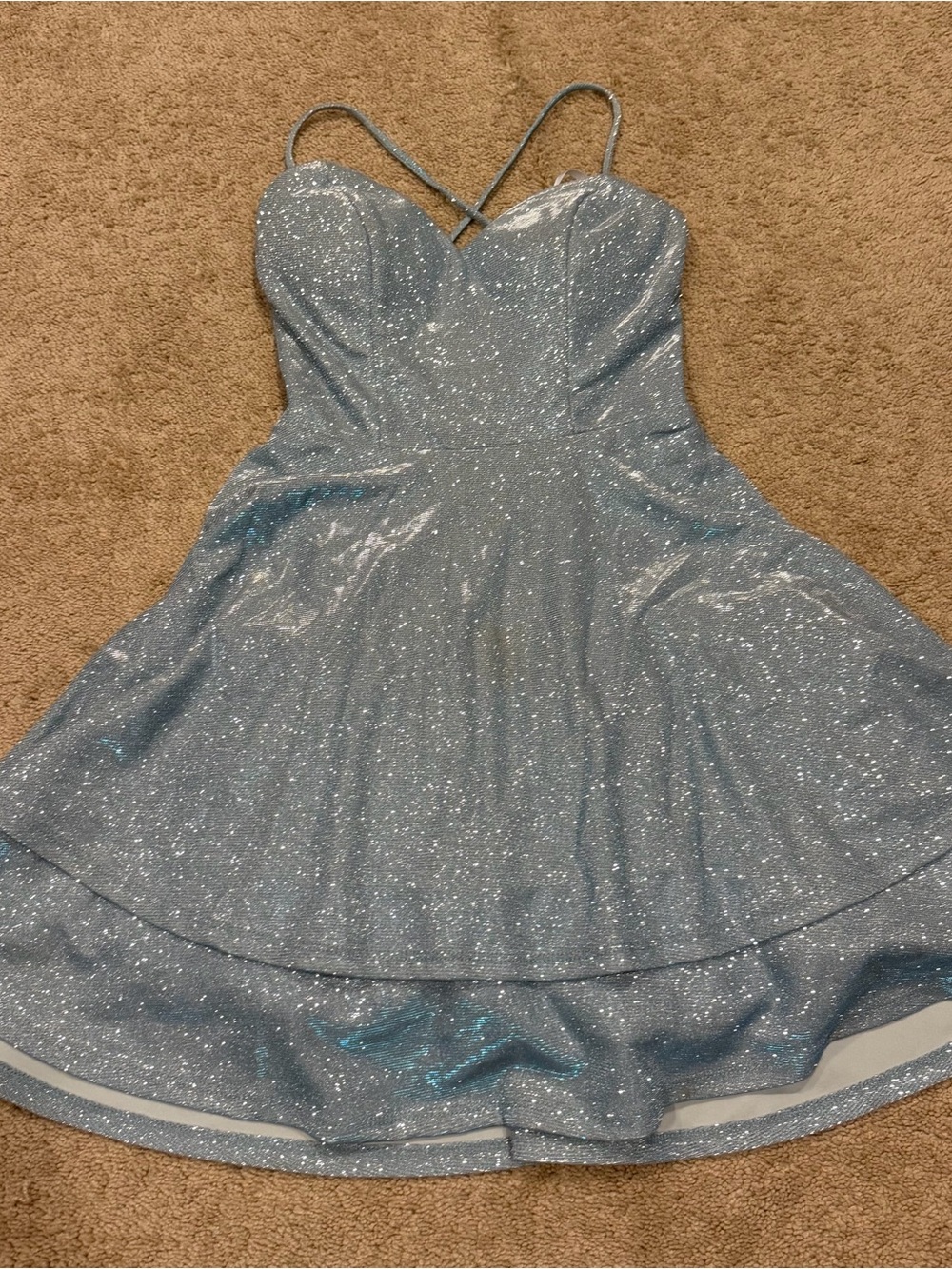 City Studio Sz 0 Fit and Flare Dress Blue Silver Glitter W/ Cross Cross Tieback